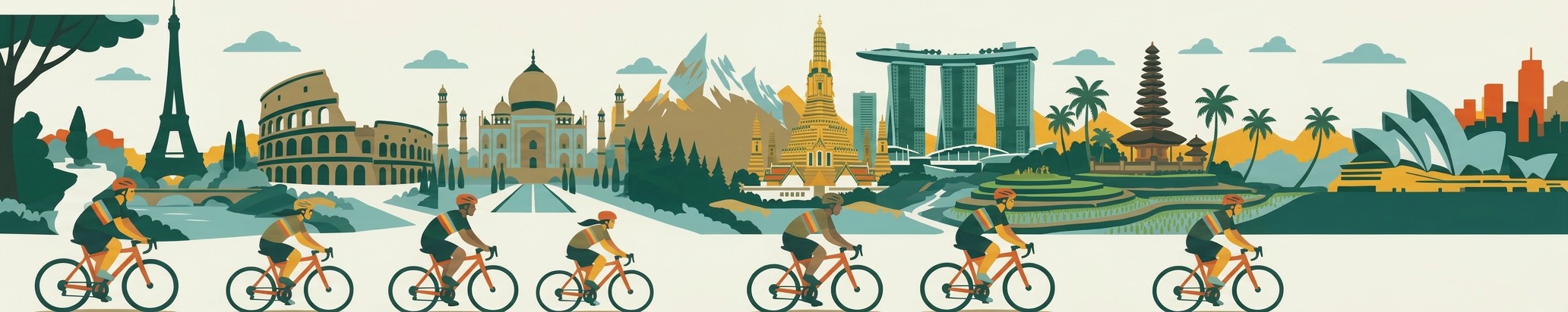 Cartoon of cyclists riding past the Eiffel Tower, the Colosseum, the Taj Mahal, the Himalaya, a Thai temple, Singapore, Bali and Sydney Opera House